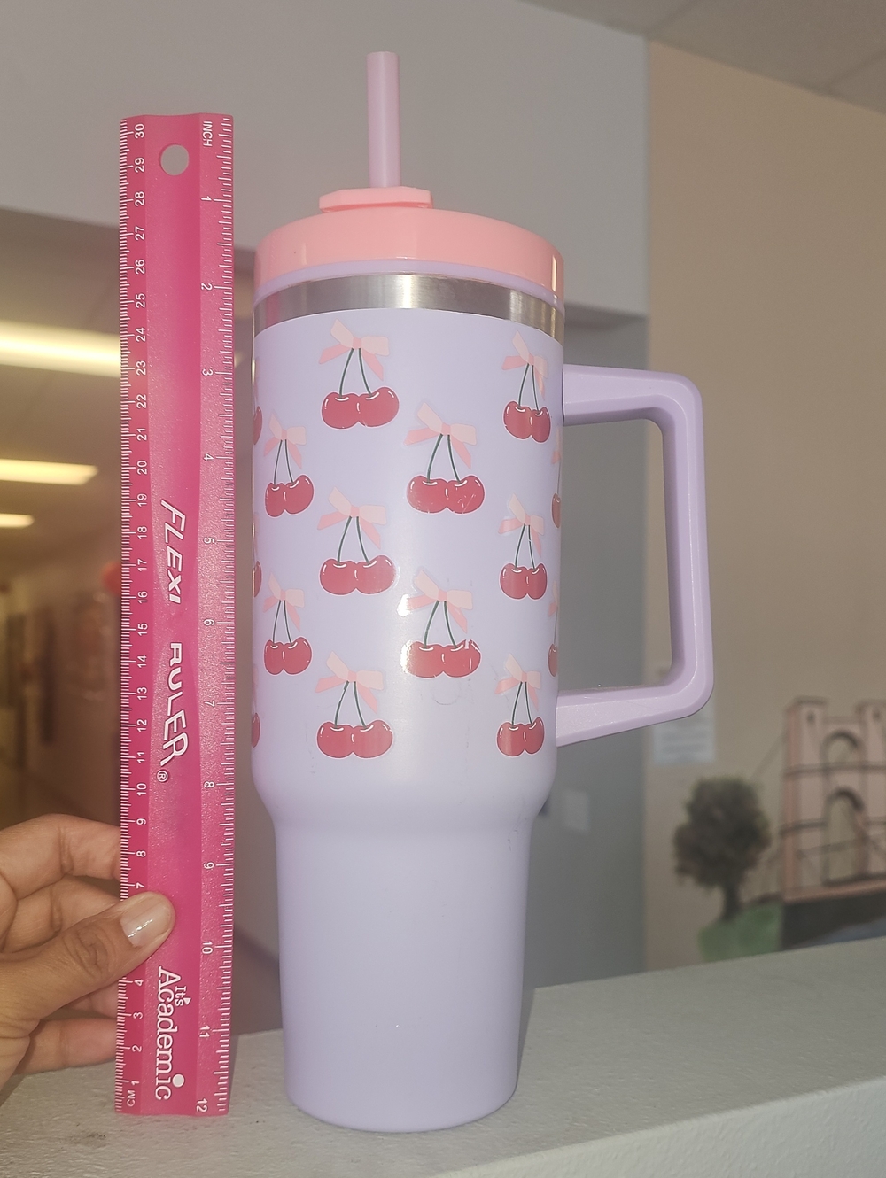 Cherry Print Pink & Lavender Travel Tumbler with Straw
